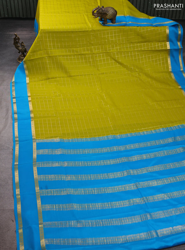 Pure mysore silk saree lime green and blue with allover zari woven checked pattern and rettapet zari woven border