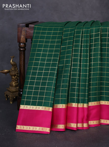 Pure mysore silk saree bottle green and pink with allover zari woven checked pattern and rettapet zari woven border