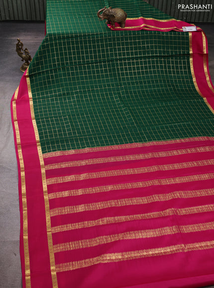 Pure mysore silk saree bottle green and pink with allover zari woven checked pattern and rettapet zari woven border