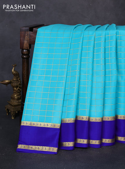 Pure mysore silk saree teal blue and blue with allover zari woven checked pattern and rettapet zari woven border