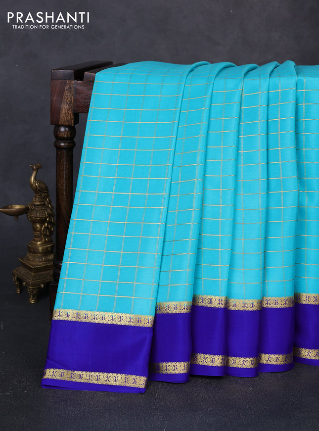 Pure mysore silk saree teal blue and blue with allover zari woven checked pattern and rettapet zari woven border
