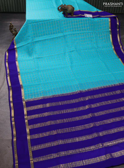 Pure mysore silk saree teal blue and blue with allover zari woven checked pattern and rettapet zari woven border