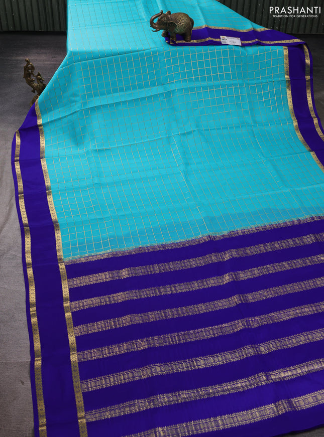 Pure mysore silk saree teal blue and blue with allover zari woven checked pattern and rettapet zari woven border