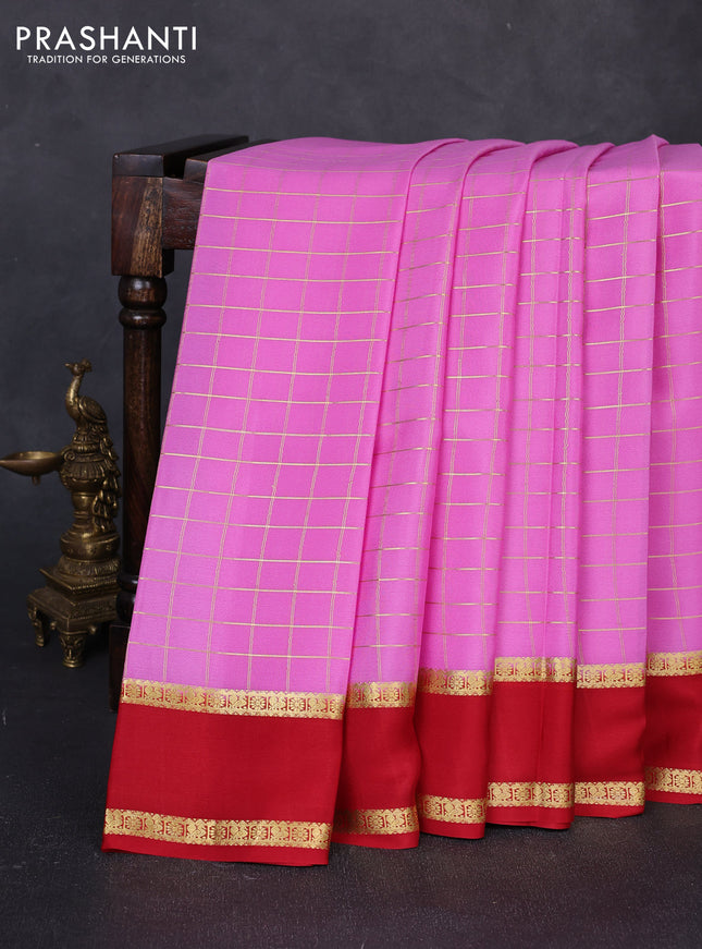 Pure mysore silk saree pink and red with allover zari woven checked pattern and rettapet zari woven border