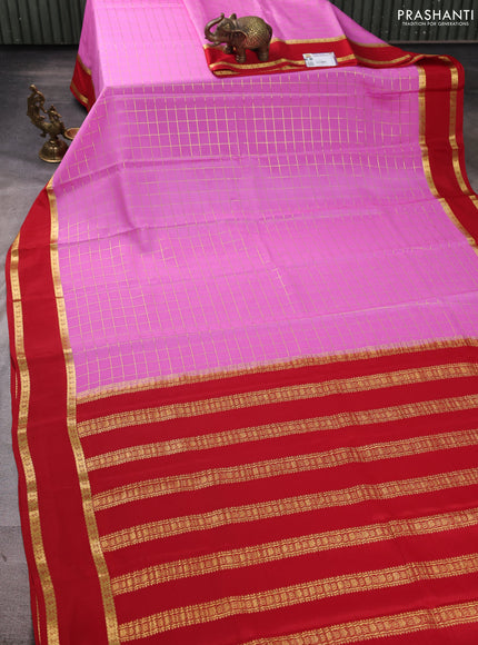 Pure mysore silk saree pink and red with allover zari woven checked pattern and rettapet zari woven border