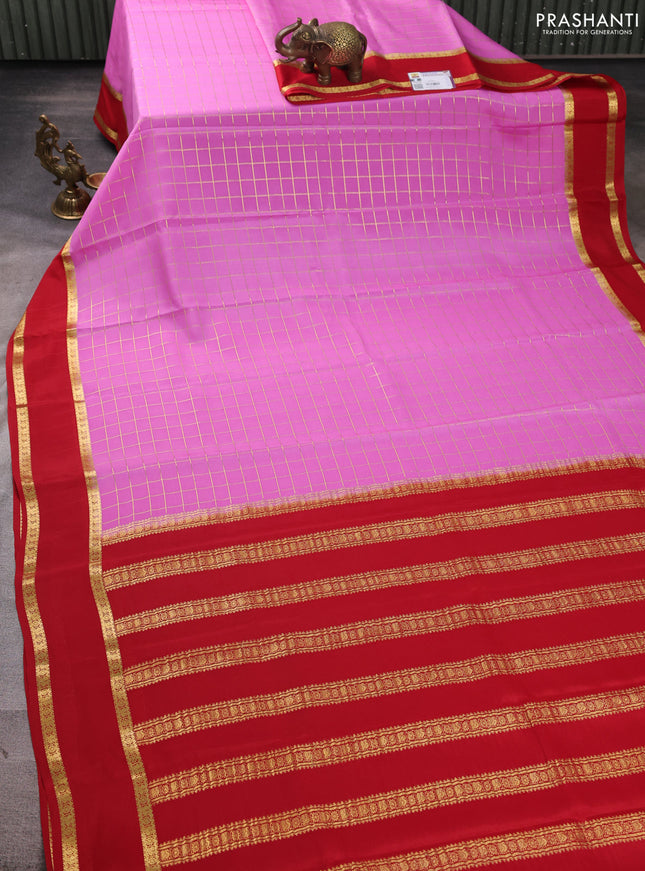 Pure mysore silk saree pink and red with allover zari woven checked pattern and rettapet zari woven border