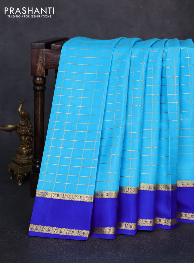Pure mysore silk saree light blue and royal blue with allover zari woven checked pattern and rettapet zari woven border
