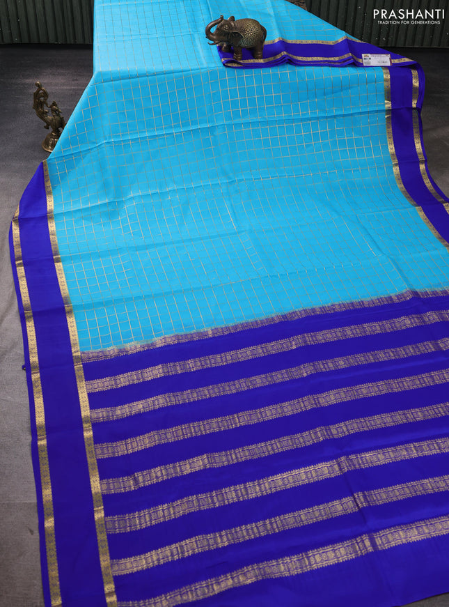Pure mysore silk saree light blue and royal blue with allover zari woven checked pattern and rettapet zari woven border