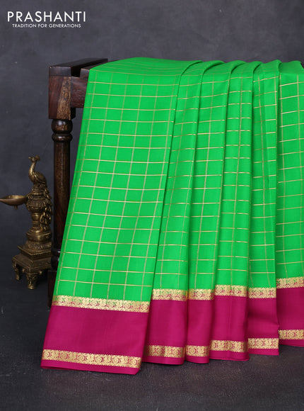 Pure mysore silk saree green and pink with allover zari woven checked pattern and rettapet zari woven border