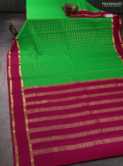 Pure mysore silk saree green and pink with allover zari woven checked pattern and rettapet zari woven border