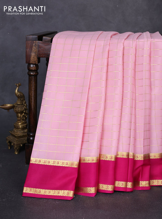 Pure mysore silk saree baby pink and pink with allover zari woven checked pattern and rettapet zari woven border