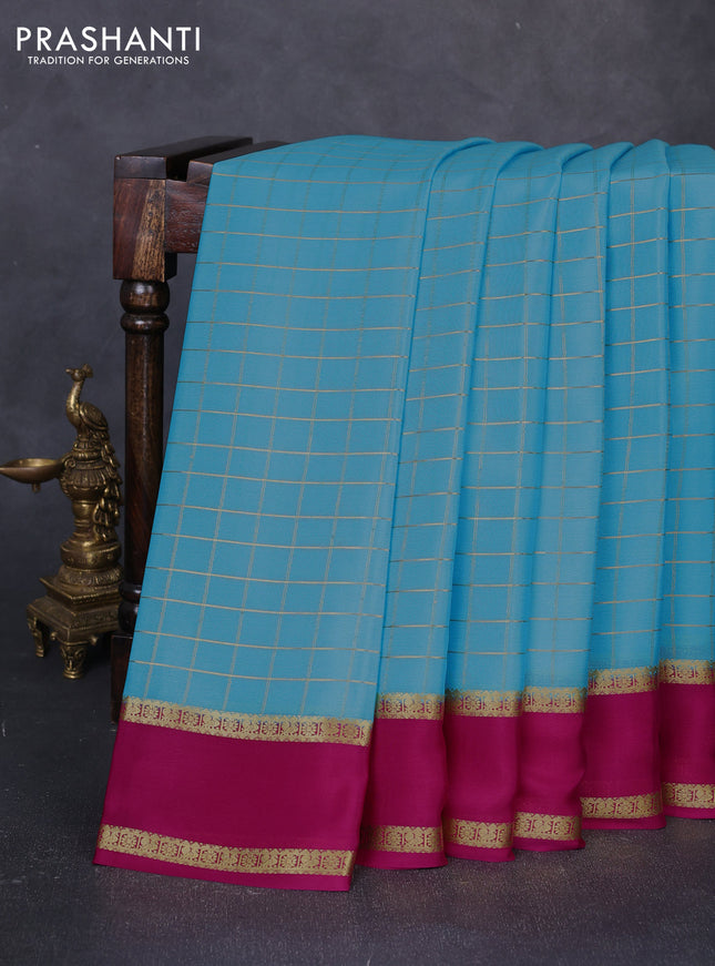Pure mysore silk saree blue and pink with allover zari woven checked pattern and rettapet zari woven border
