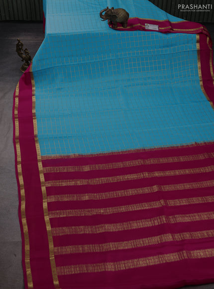 Pure mysore silk saree blue and pink with allover zari woven checked pattern and rettapet zari woven border
