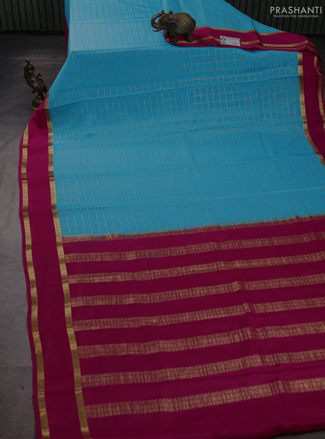 Pure mysore silk saree blue and pink with allover zari woven checked pattern and rettapet zari woven border