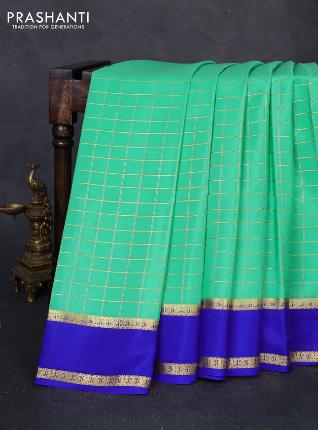 Pure mysore silk saree teal green and blue with allover zari woven checked pattern and rettapet zari woven border