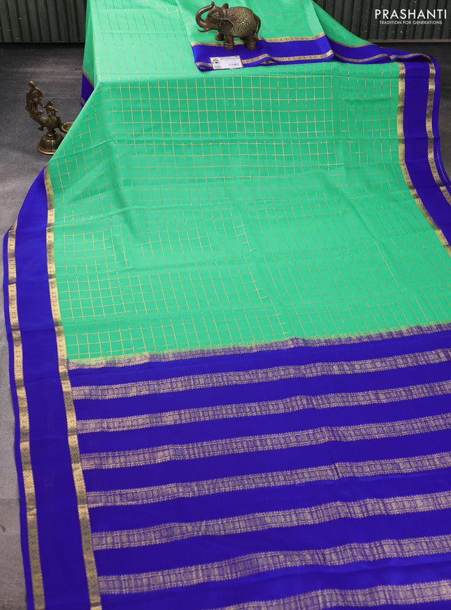 Pure mysore silk saree teal green and blue with allover zari woven checked pattern and rettapet zari woven border