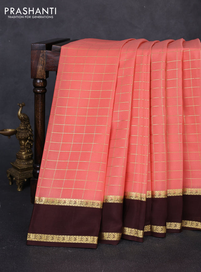 Pure mysore silk saree peach pink and coffee brown with allover zari woven checked pattern and rettapet zari woven border
