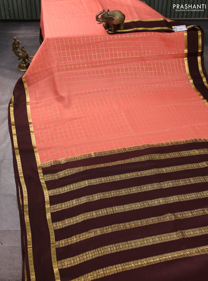 Pure mysore silk saree peach pink and coffee brown with allover zari woven checked pattern and rettapet zari woven border