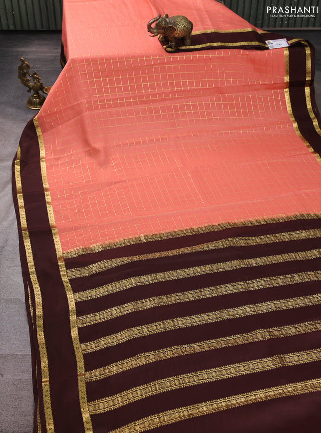 Pure mysore silk saree peach pink and coffee brown with allover zari woven checked pattern and rettapet zari woven border