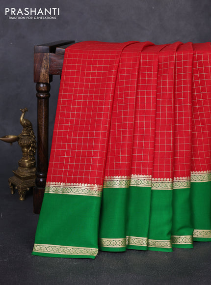 Pure mysore silk saree red and green with allover small zari woven checked pattern and rettapet zari woven border