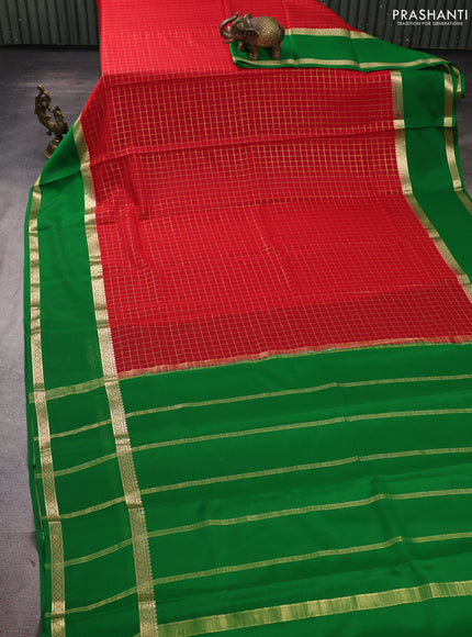 Pure mysore silk saree red and green with allover small zari woven checked pattern and rettapet zari woven border