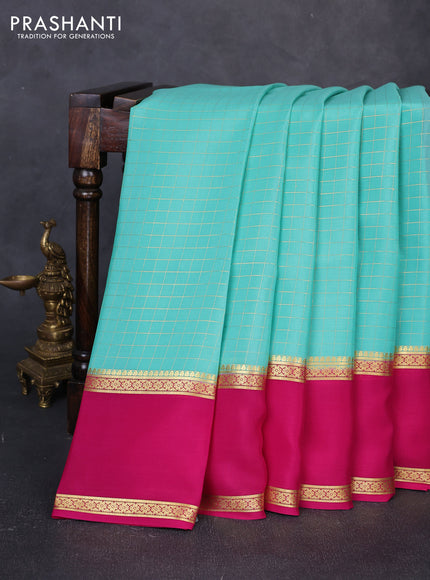 Pure mysore silk saree teal green and pink with allover small zari woven checked pattern and rettapet zari woven border