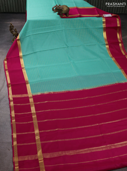 Pure mysore silk saree teal green and pink with allover small zari woven checked pattern and rettapet zari woven border