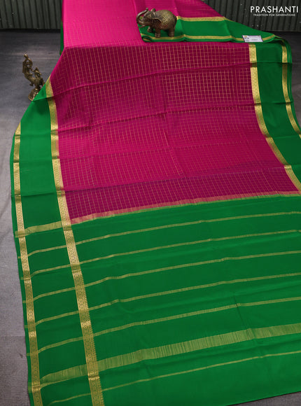 Pure mysore silk saree pink and green with allover small zari woven checked pattern and rettapet zari woven border