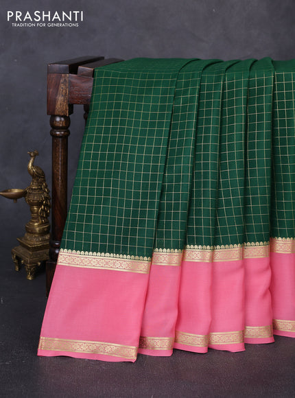 Pure mysore silk saree green and peach pink with allover small zari woven checked pattern and rettapet zari woven border