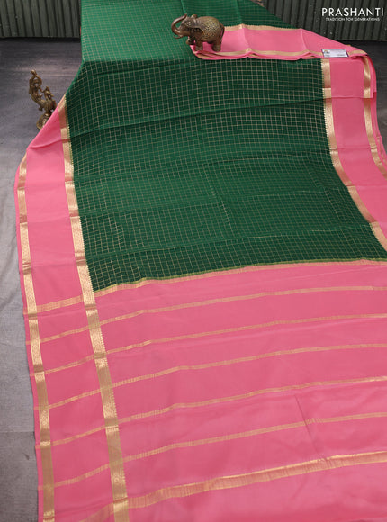 Pure mysore silk saree green and peach pink with allover small zari woven checked pattern and rettapet zari woven border