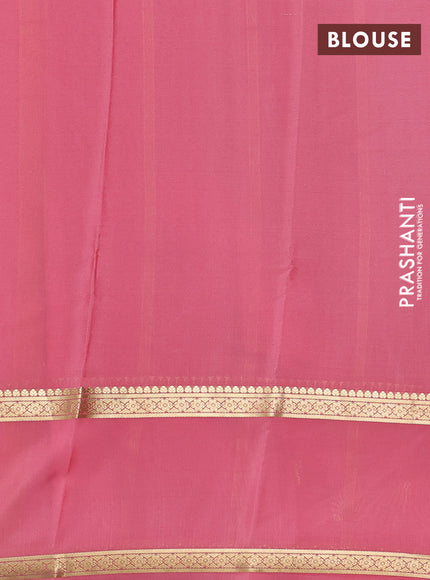 Pure mysore silk saree green and peach pink with allover small zari woven checked pattern and rettapet zari woven border