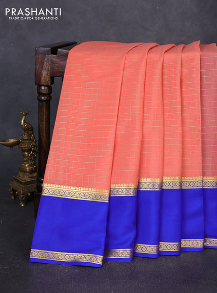 Pure mysore silk saree peach pink and blue with allover small zari woven checked pattern and rettapet zari woven border