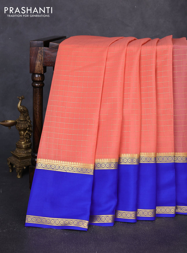 Pure mysore silk saree peach pink and blue with allover small zari woven checked pattern and rettapet zari woven border