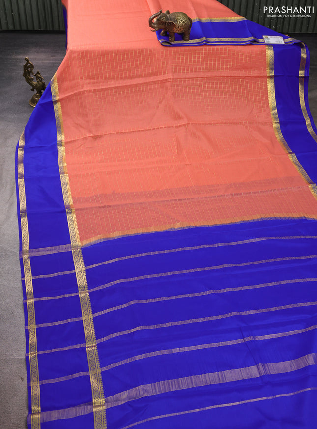 Pure mysore silk saree peach pink and blue with allover small zari woven checked pattern and rettapet zari woven border