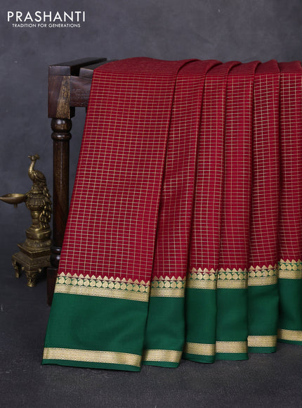 Pure mysore silk saree maroon and green with allover small zari woven checked pattern and rettapet zari woven border