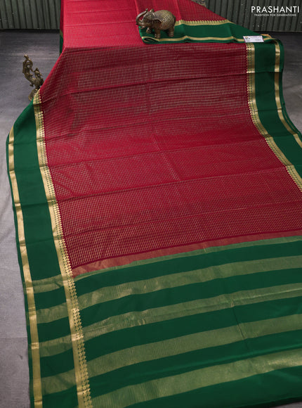 Pure mysore silk saree maroon and green with allover small zari woven checked pattern and rettapet zari woven border