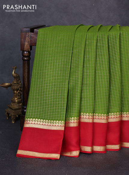 Pure mysore silk saree mehendi green and red with allover small zari woven checked pattern and rettapet zari woven border