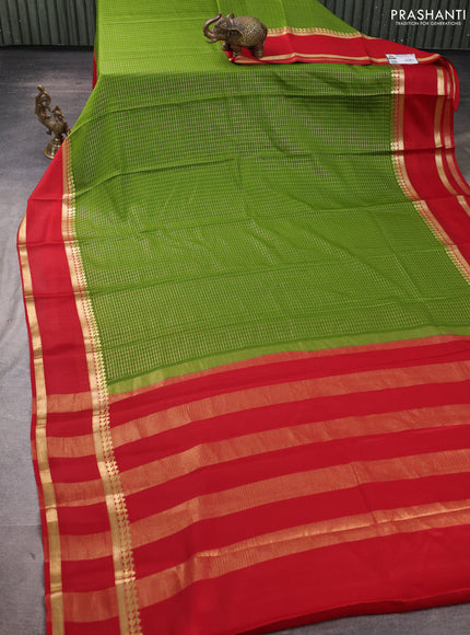 Pure mysore silk saree mehendi green and red with allover small zari woven checked pattern and rettapet zari woven border