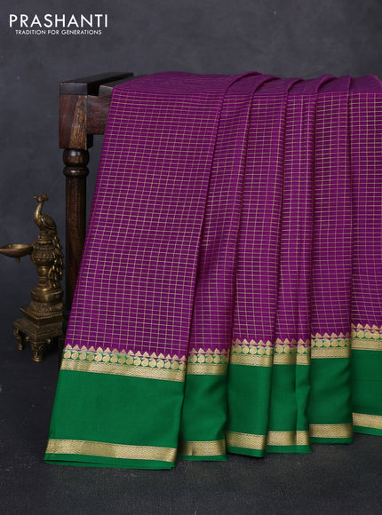 Pure mysore silk saree purple and green with allover small zari woven checked pattern and rettapet zari woven border