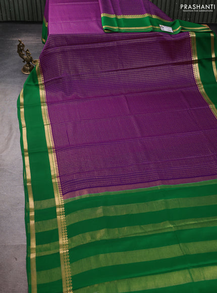 Pure mysore silk saree purple and green with allover small zari woven checked pattern and rettapet zari woven border