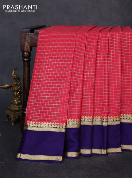 Pure mysore silk saree tomato pink and violet with allover small zari woven checked pattern and rettapet zari woven border