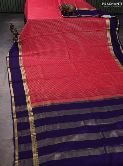 Pure mysore silk saree tomato pink and violet with allover small zari woven checked pattern and rettapet zari woven border