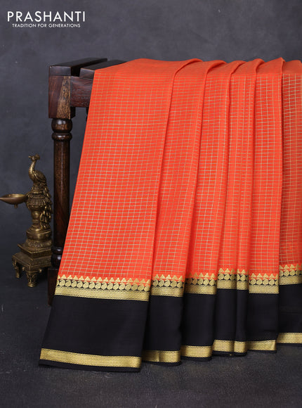 Pure mysore silk saree orange and black with allover small zari woven checked pattern and rettapet zari woven border