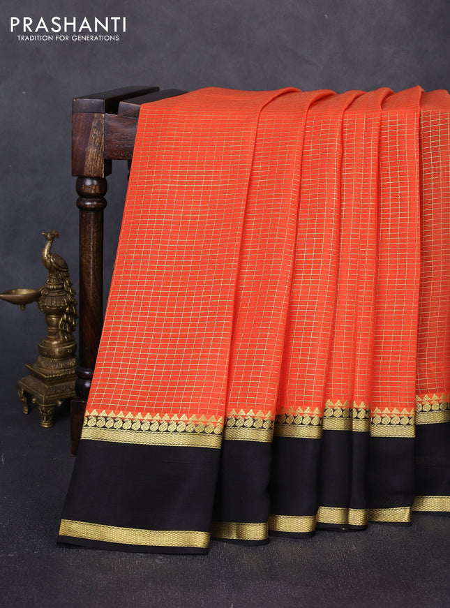 Pure mysore silk saree orange and black with allover small zari woven checked pattern and rettapet zari woven border