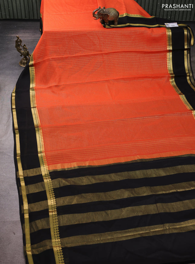 Pure mysore silk saree orange and black with allover small zari woven checked pattern and rettapet zari woven border