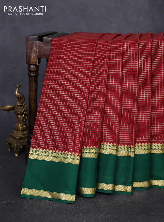 Pure mysore silk saree maroon and green with allover small zari woven checked pattern and rettapet zari woven border
