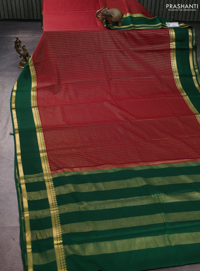 Pure mysore silk saree maroon and green with allover small zari woven checked pattern and rettapet zari woven border