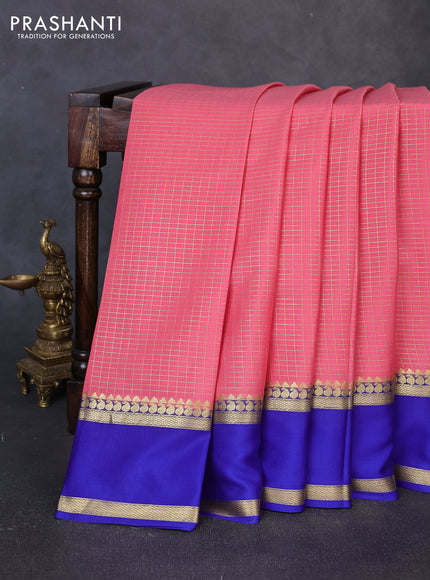 Pure mysore silk saree peach pink and blue with allover small zari woven checked pattern and rettapet zari woven border