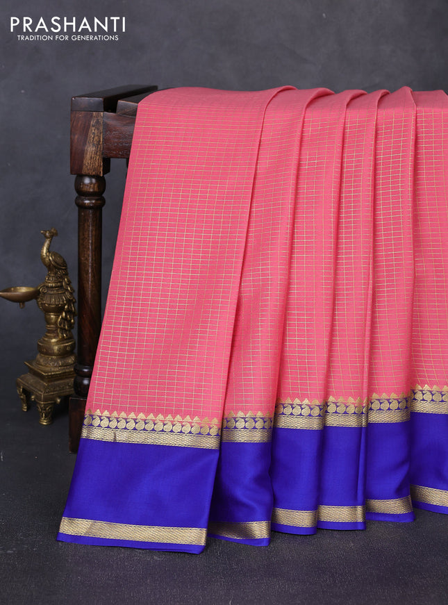 Pure mysore silk saree peach pink and blue with allover small zari woven checked pattern and rettapet zari woven border