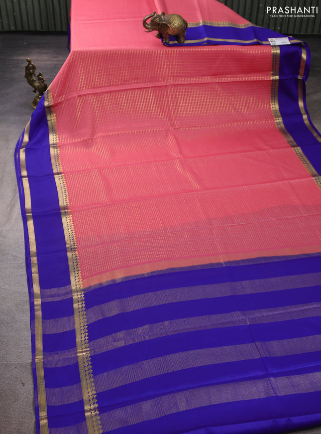 Pure mysore silk saree peach pink and blue with allover small zari woven checked pattern and rettapet zari woven border